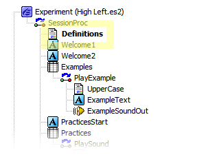 An InLine object called 'Definitions' at the top of the experiment.