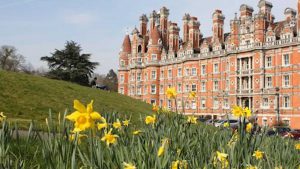A scene of Royal Holloway's beautiful red-bricked Founder's Building in the distance, with grass and daffodils in the foreground
